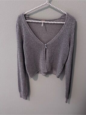 Free People Silver Metallic Knit Crop Cardigan